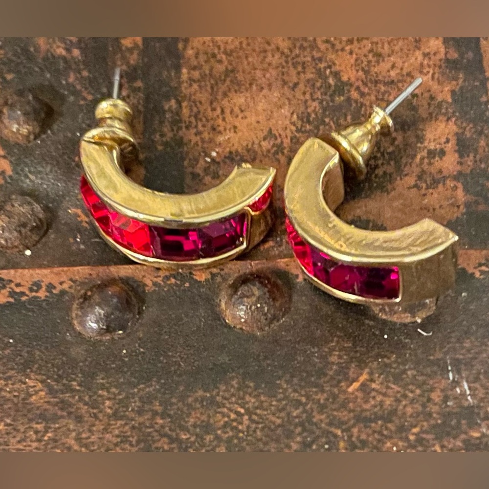 Vintage Napier Gold and Ruby Half Hoop Post Style Earrings Two Tones of Red